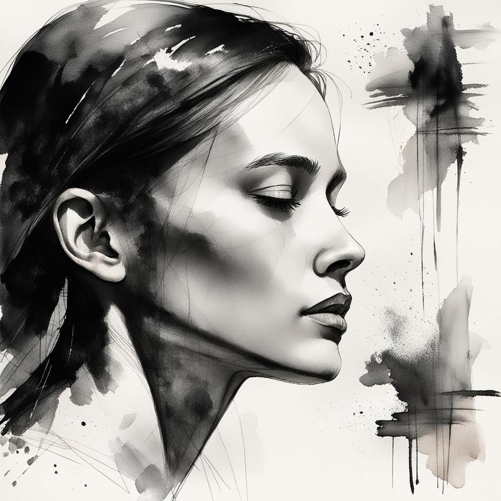 Close-up of a woman's face looking to her side and with part of her face covered by her straight hair in black and white...