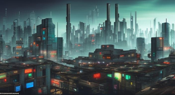 Cyberpunk Cityscape with Corporate Towers and Urban Decay
