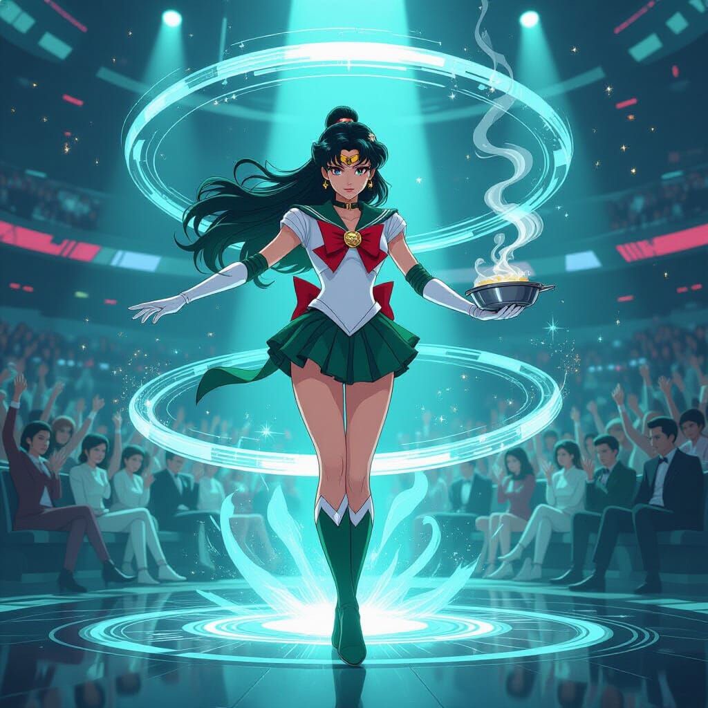 Sailor Jupiter in Cyberpunk Court with Holograms