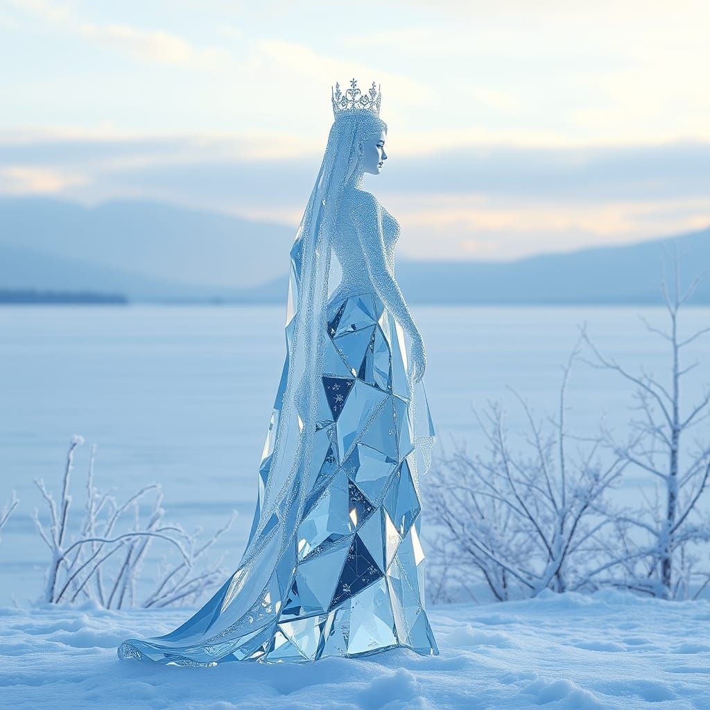 Crystalline Ice Queen on Frozen Lake