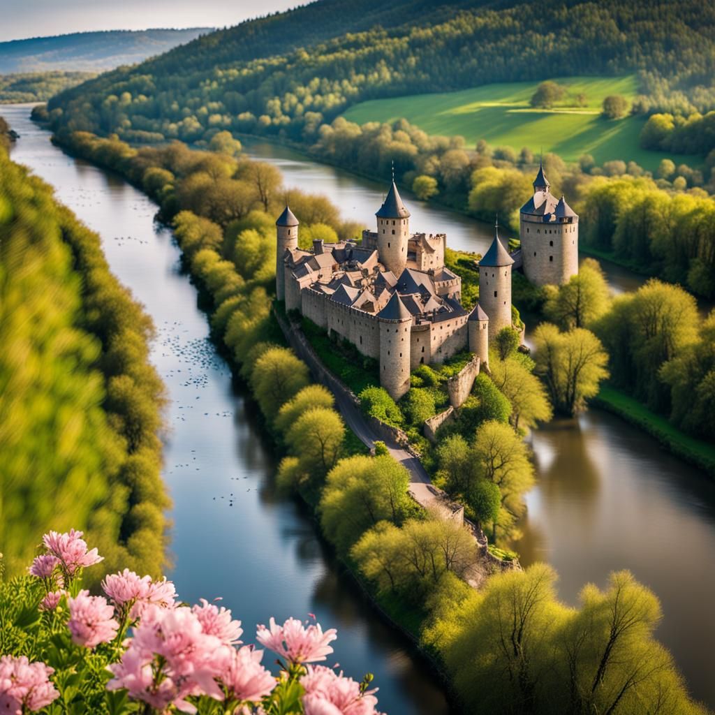 Idyllic Valley River Scene with Castles
