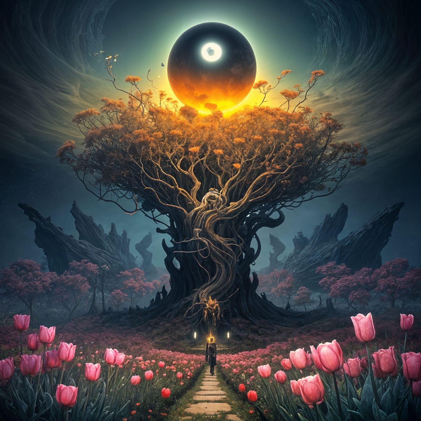 Surreal Cloudscape Stargate with Skeleton Hand and Tulip Gar...