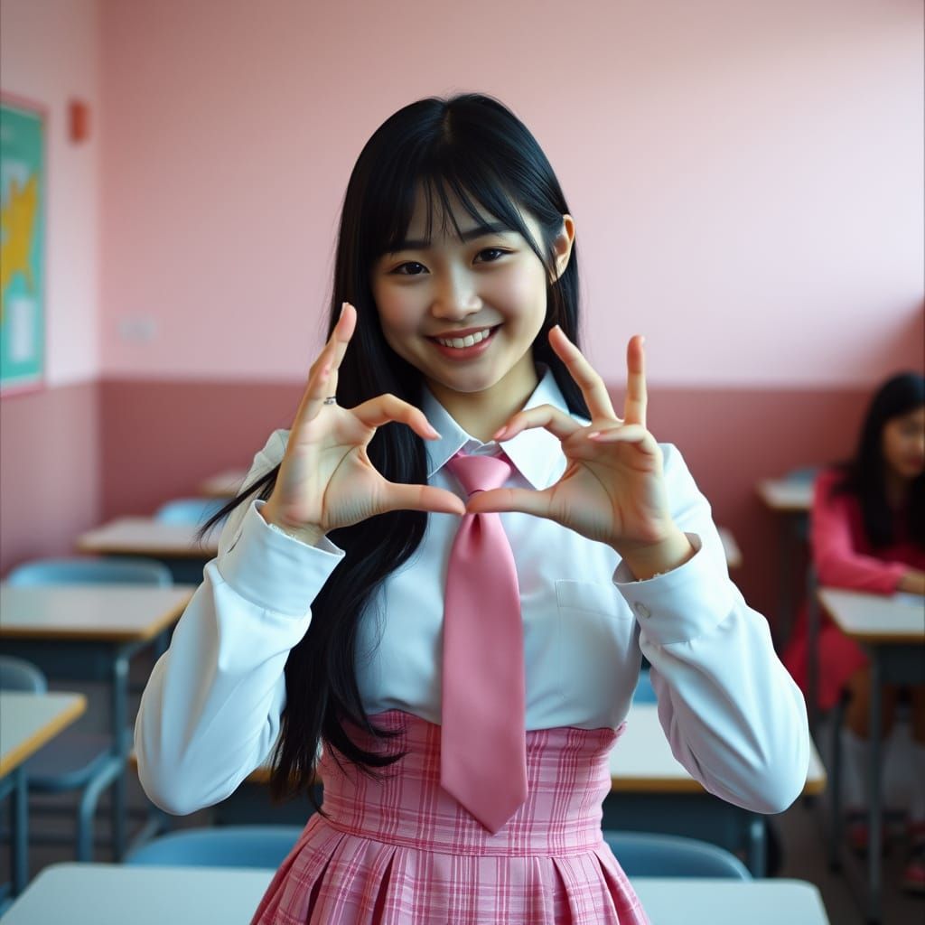 Sweet 19-Year-Old in School Uniform Making Heart