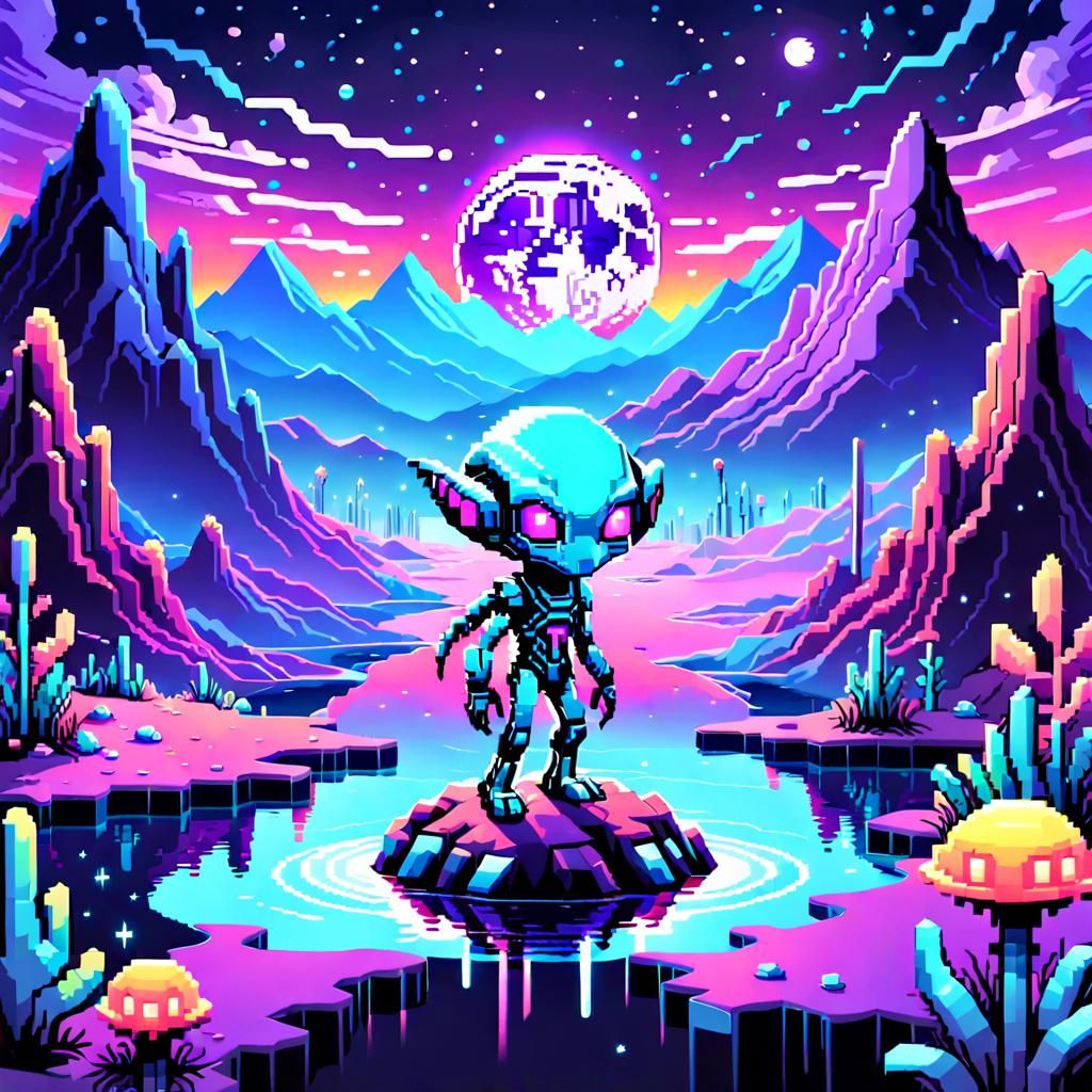 Small Alien on Mysterious Planet in Pixel Art
