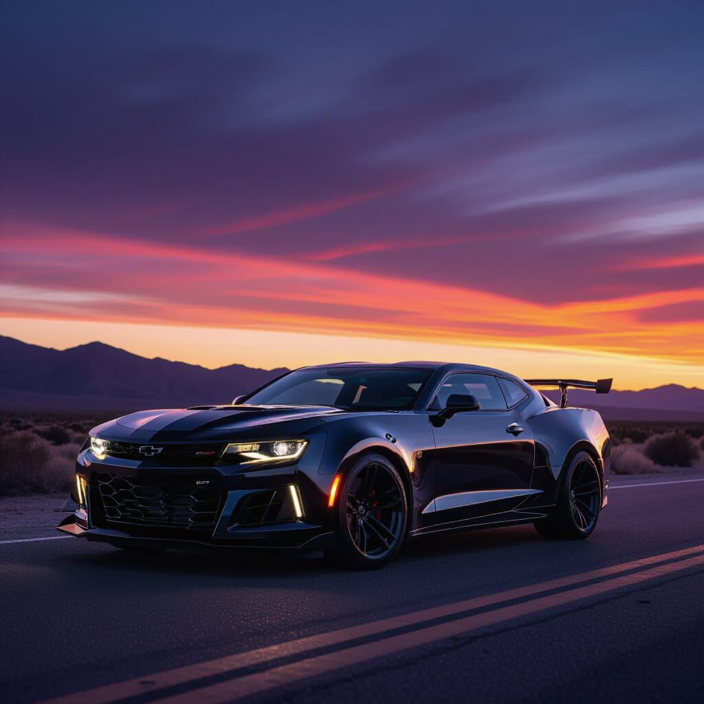 Black Camaro ZL1 1LE on Desert Highway at Dusk