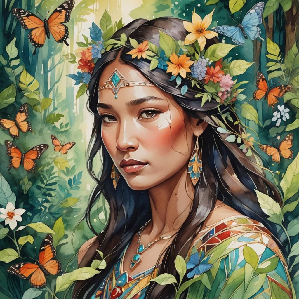 Pocahontas Portrait in Watercolor Impressionist Style