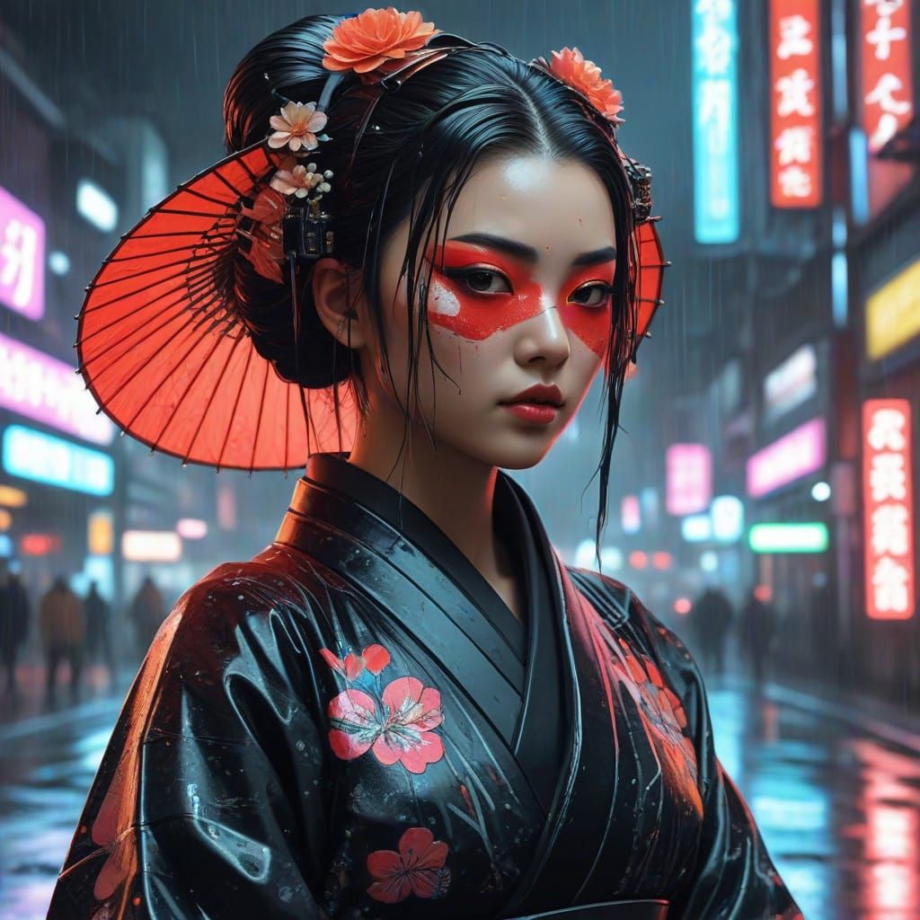 Cyberpunk Geisha with Neon Kanzashi Ornaments