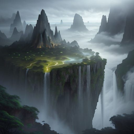 Floating Islands with Waterfalls in Dreamlike Atmosphere