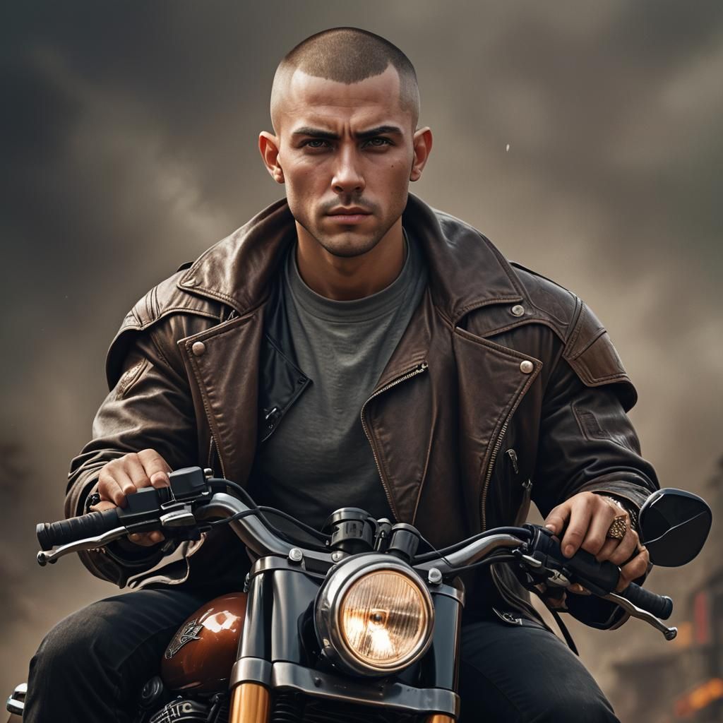 Hyperrealistic Portrait of a Motorbike Rider