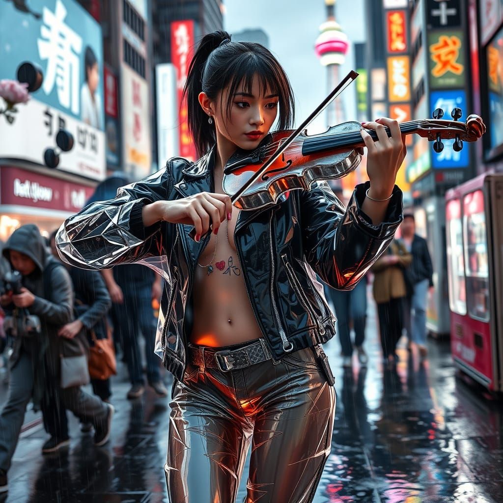Cyberpunk Tokyo Violinist Commands Rain-Drenched Chaos in Ne...