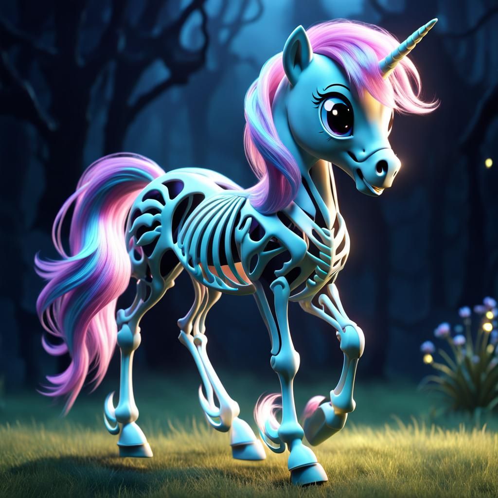 Cartoon Skeletal Pony Prancing in Moonlight