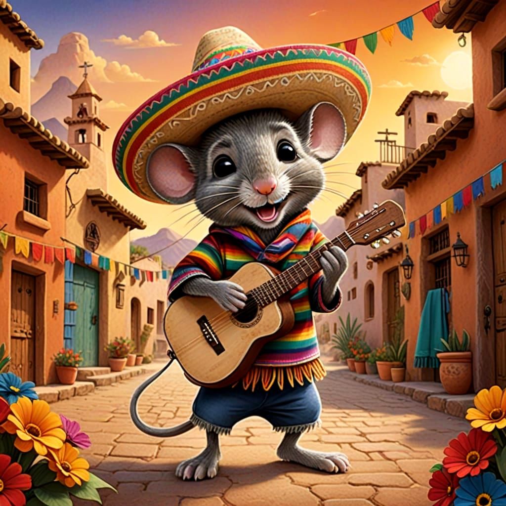Whimsical Mouse Guitarist in Mexican Folk Art Style