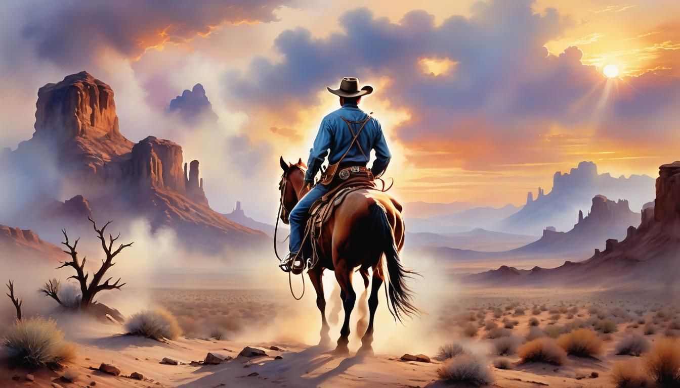 Cowboy at Sunset: A Watercolor Painting of the Wild West