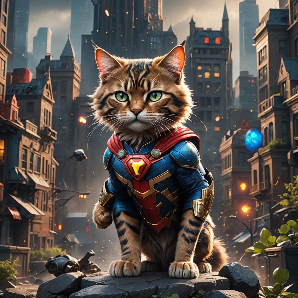 Superhero Cat in Detailed Matte Painting