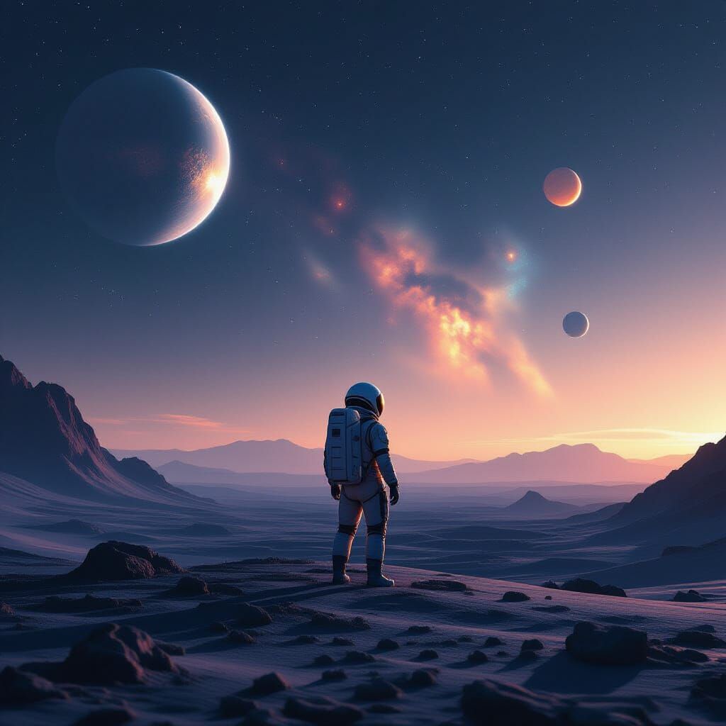 Astronaut on Alien Planet with Distant Worlds