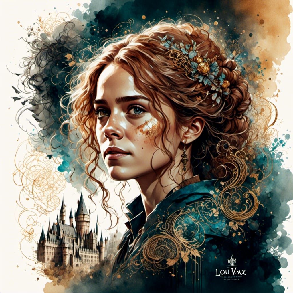 Hermione Granger and Ron Weasley Portrait in Watercolor Styl...