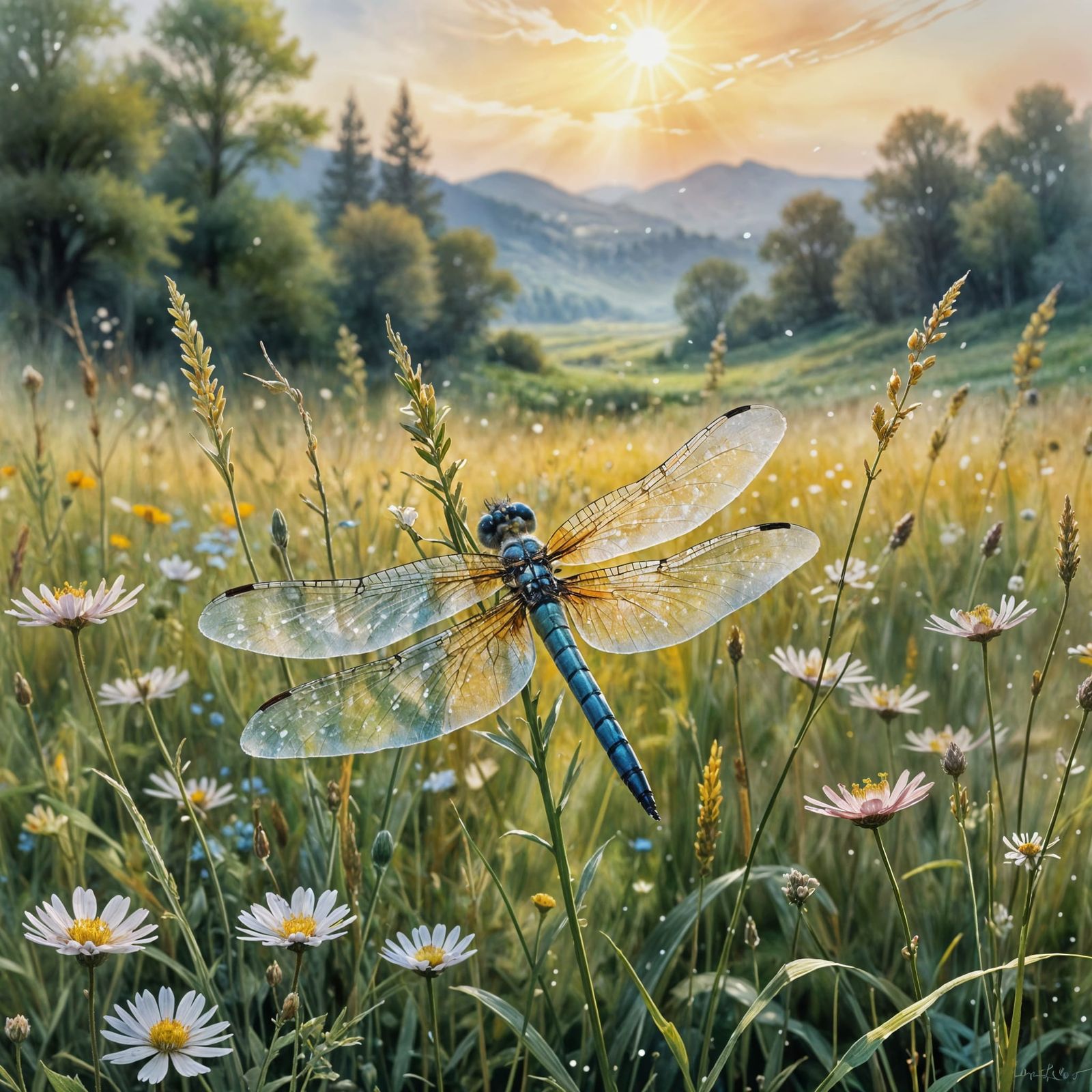 Impressionist Watercolor of a Dragonfly in a Blooming Meadow