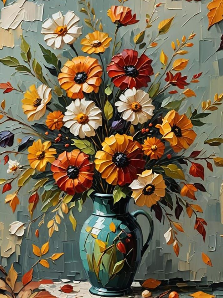 Autumn Floral Still Life as Impasto Oil Painting