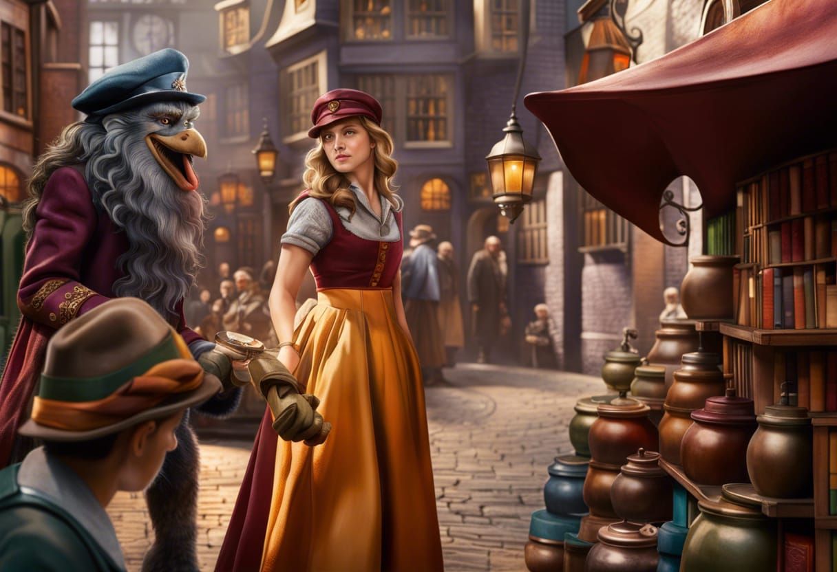 Hyperrealistic Diagon Alley Scene in Comic Book Style