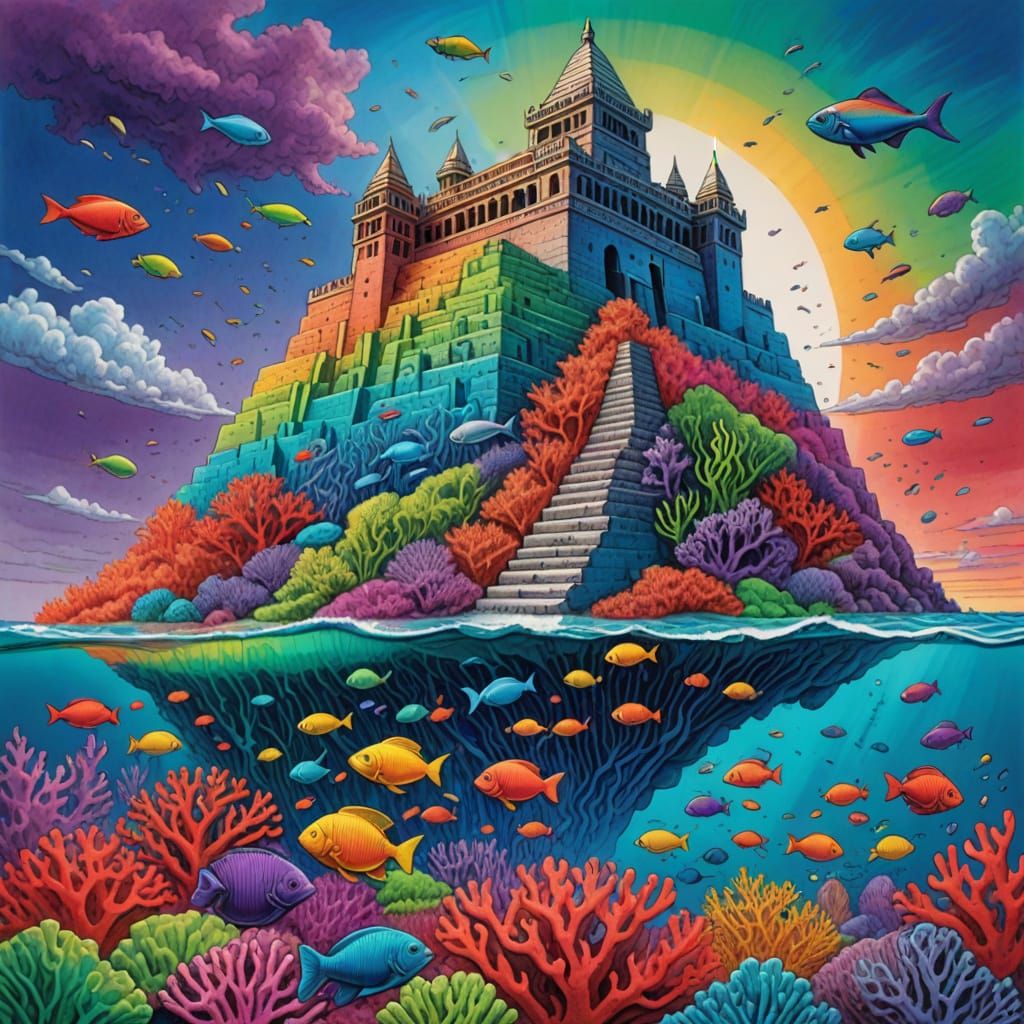 Underwater Ziggurat in Crayon Sketch Style