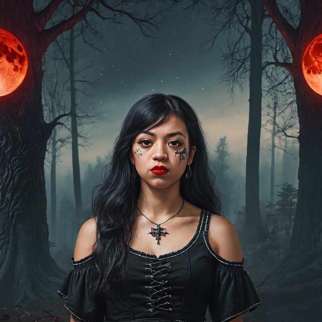 Gothic Wiccan Goddess Under Blood Moon