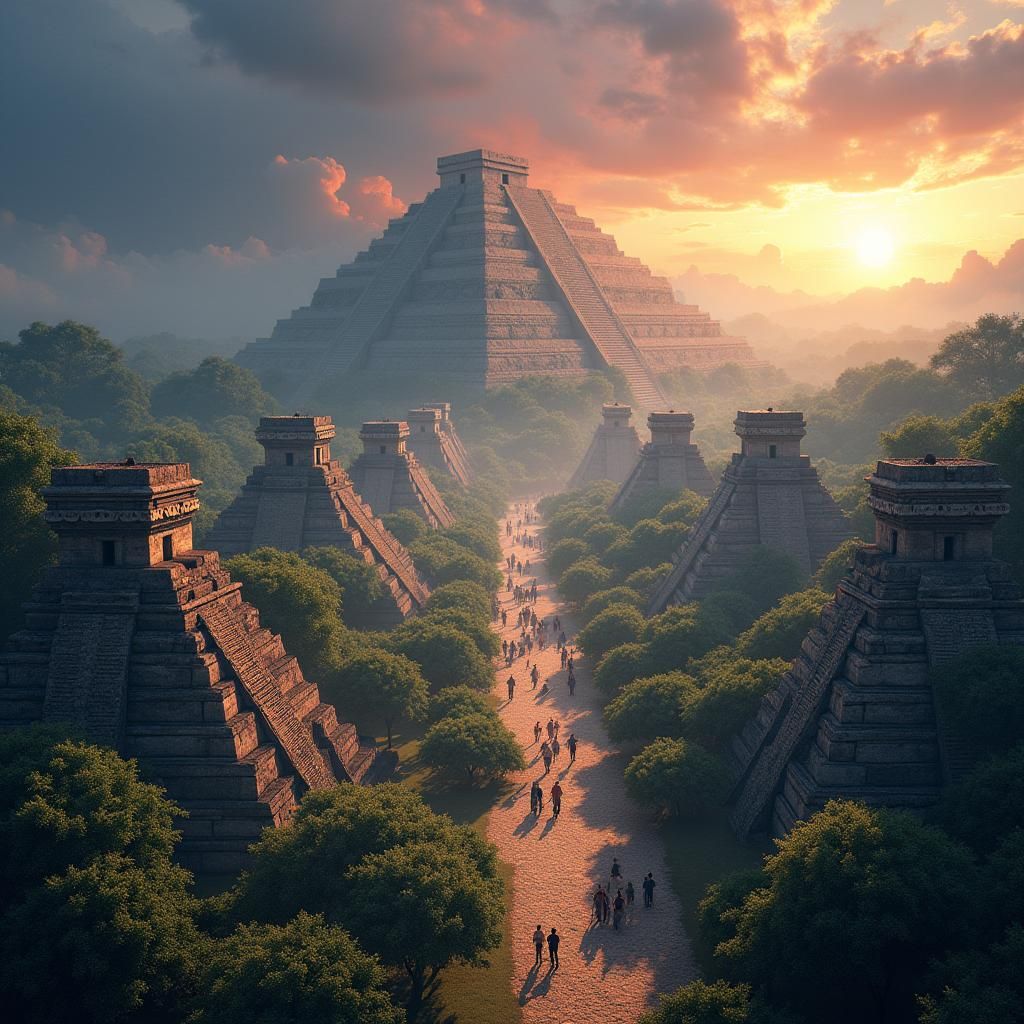 Aztec Civilization Landscape in Lush Mesoamerican Jungle