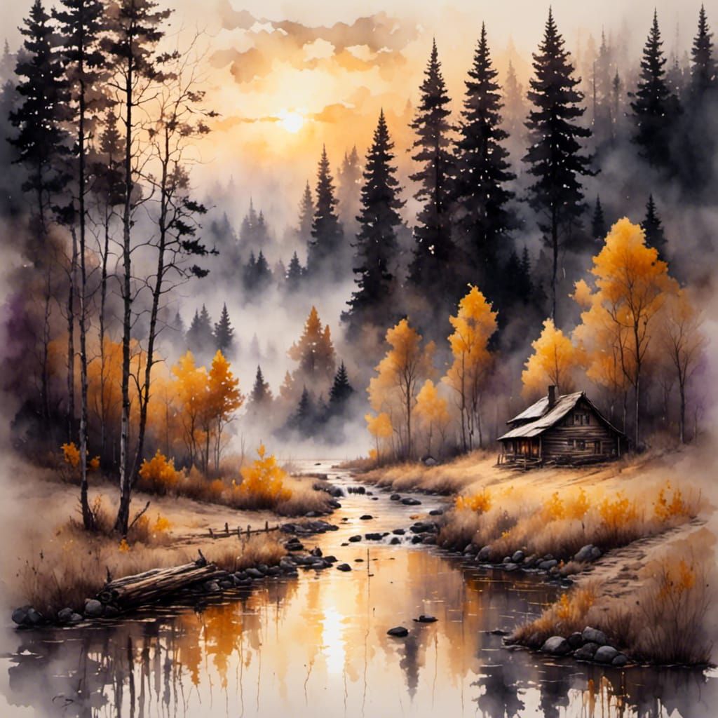Dawn Over Forest Stream: Antique Watercolor Landscape