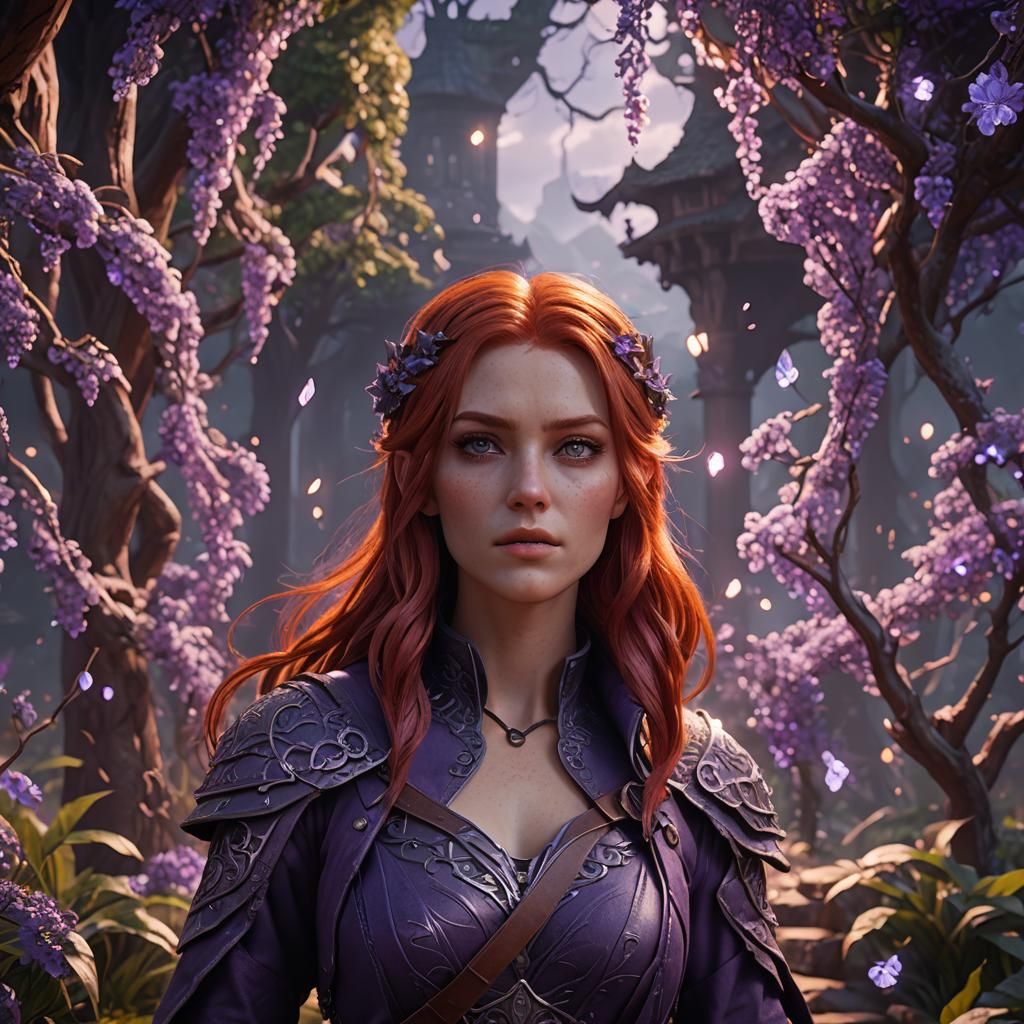 Girl with Red Hair Surrounded by Purple Magic