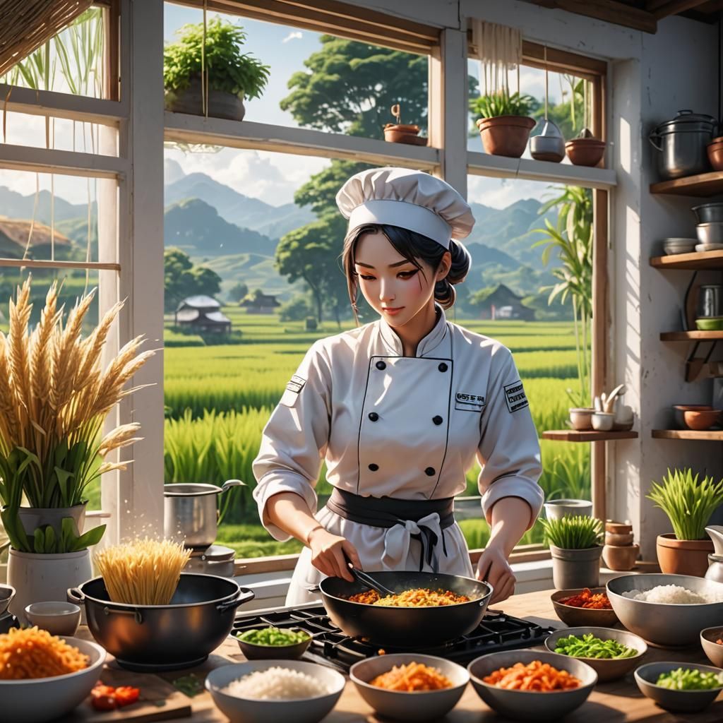 Anime Chef Girl Cooking with Rice Farm View