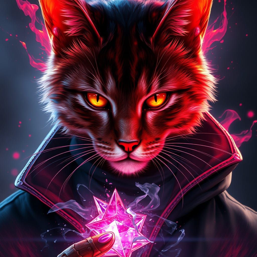 Surreal Scarlet Magician Cat in Hyperdetailed Portrait