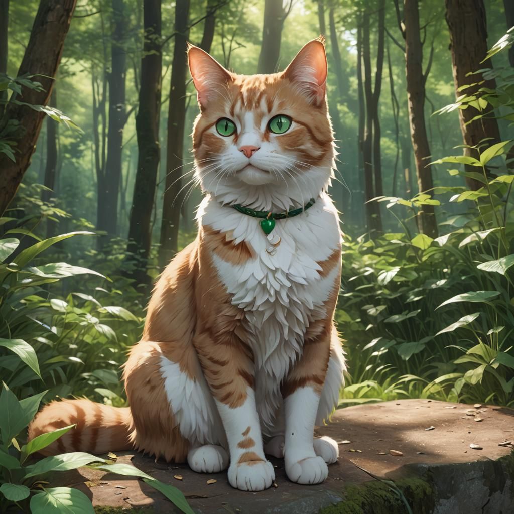 Emerald-Eyed Cat in Forest: 3D Anime Art