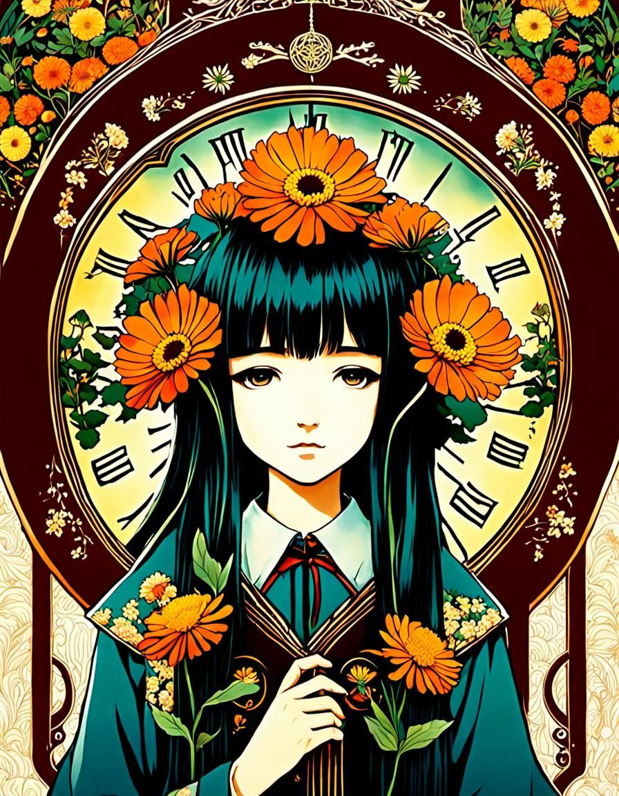 Calendula Flowers: Eclectic Anime Art Nouveau Illustration