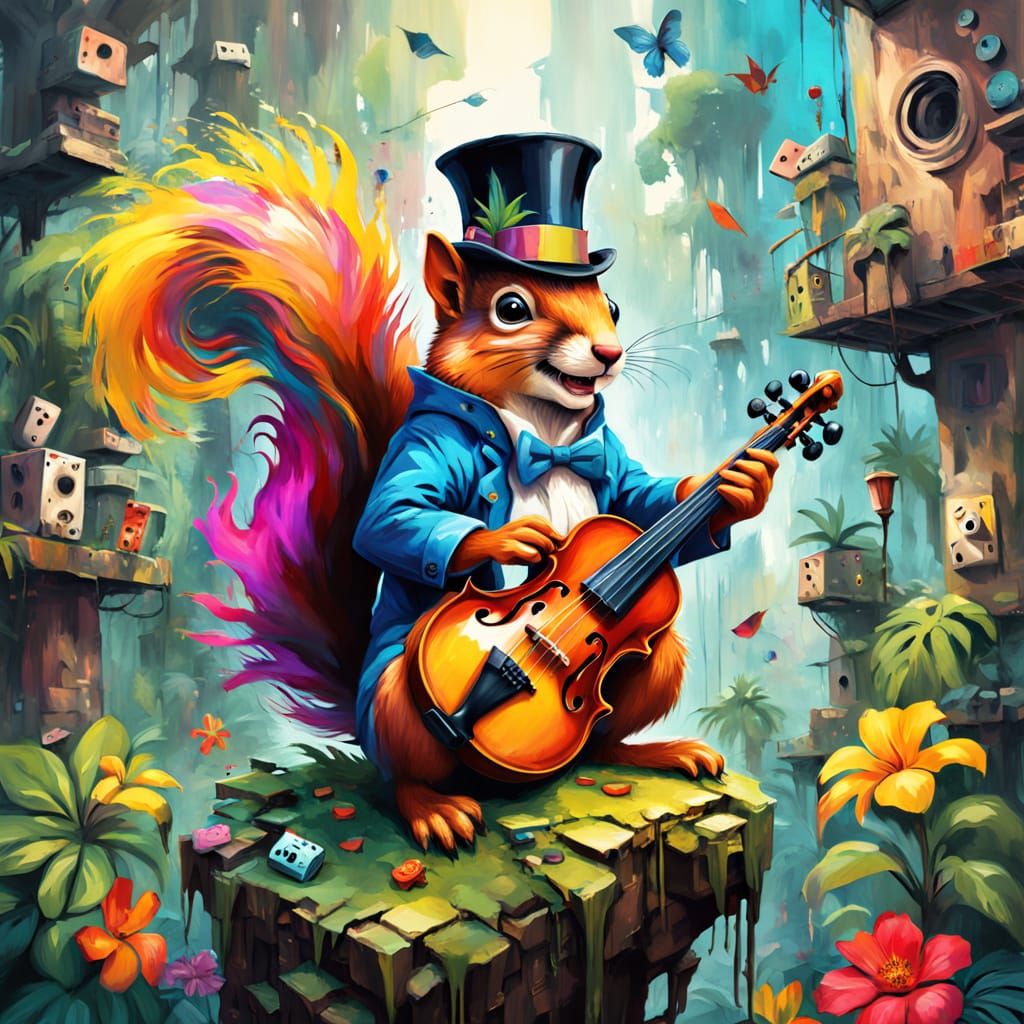 Squirrel Violinist in Rainforest Graffiti Art