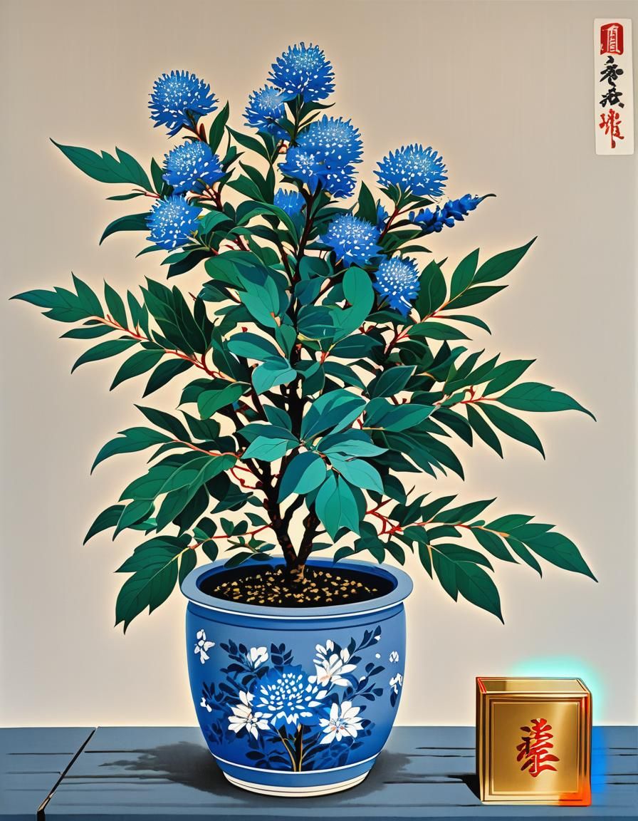 Japanese Laurel in Blue Pot: Shin-hanga Print