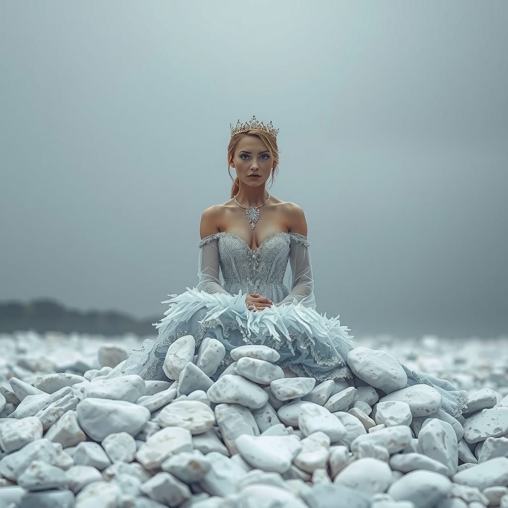 Melancholic Ice Princess on White Stones, Photorealistic Sty...