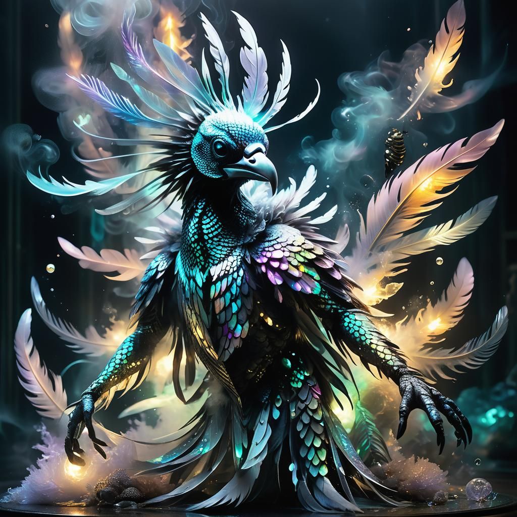 Iridescent Surreal Creature in Smoke-Filled Room
