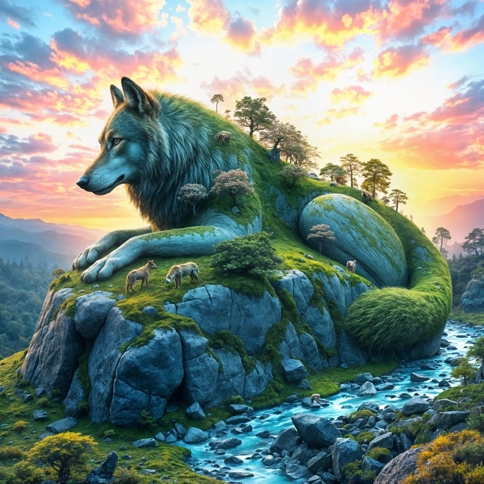 Surreal Nature Formed from a Resting Wolf in Ancient Landsca...