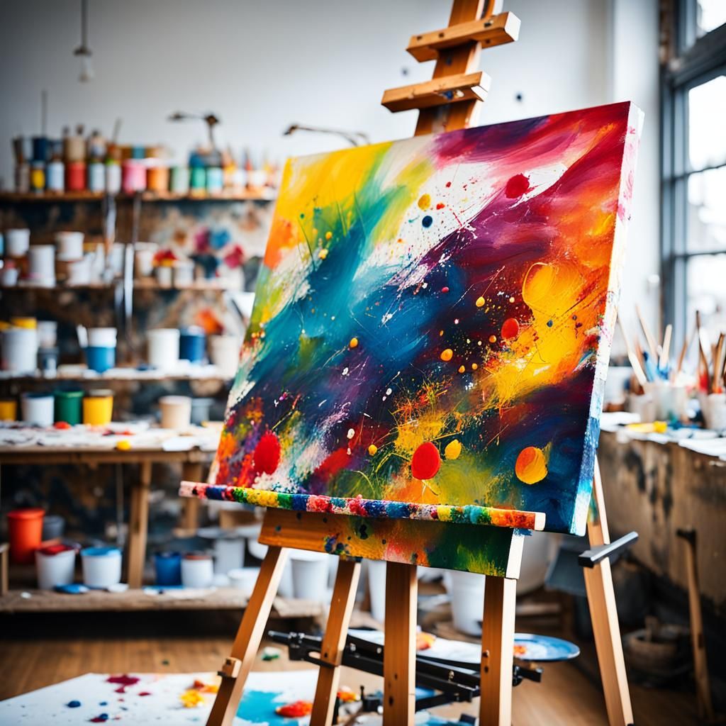 Abstract Acrylic Art in Cluttered Studio