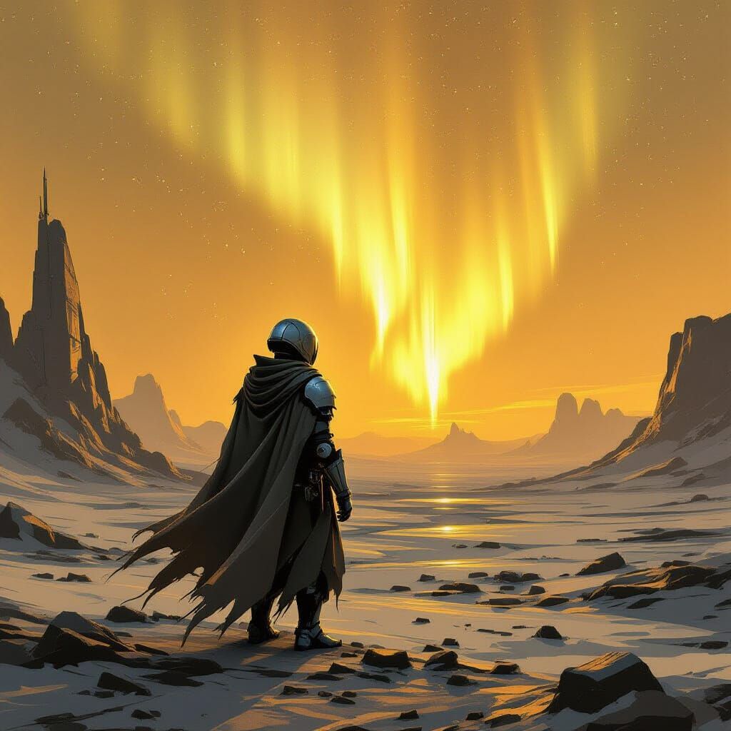 Robot Gazing at Aurora Borealis in Impressionistic Style