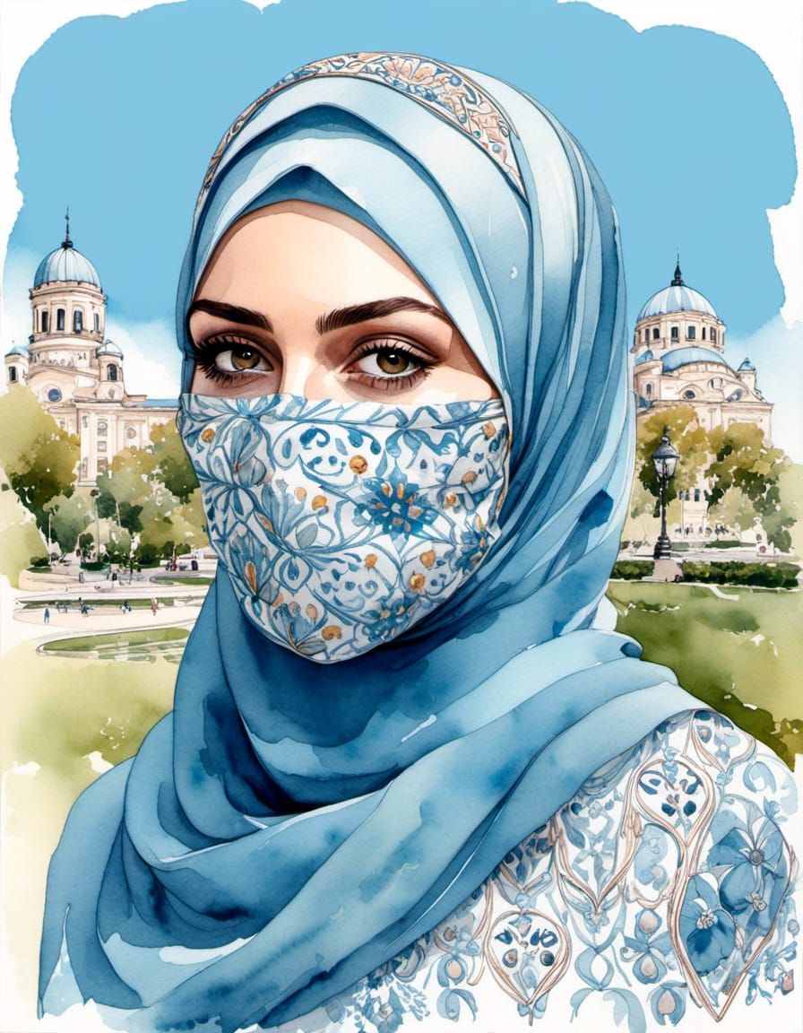 Hijabi Woman with Facemask in Watercolor Style