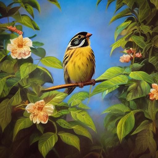 Sparrow and Flowers in Folk Art Style