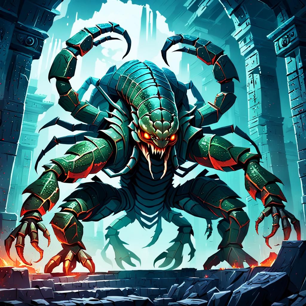 Giant Scorpion Monster in Ruined Temple: Anime Art