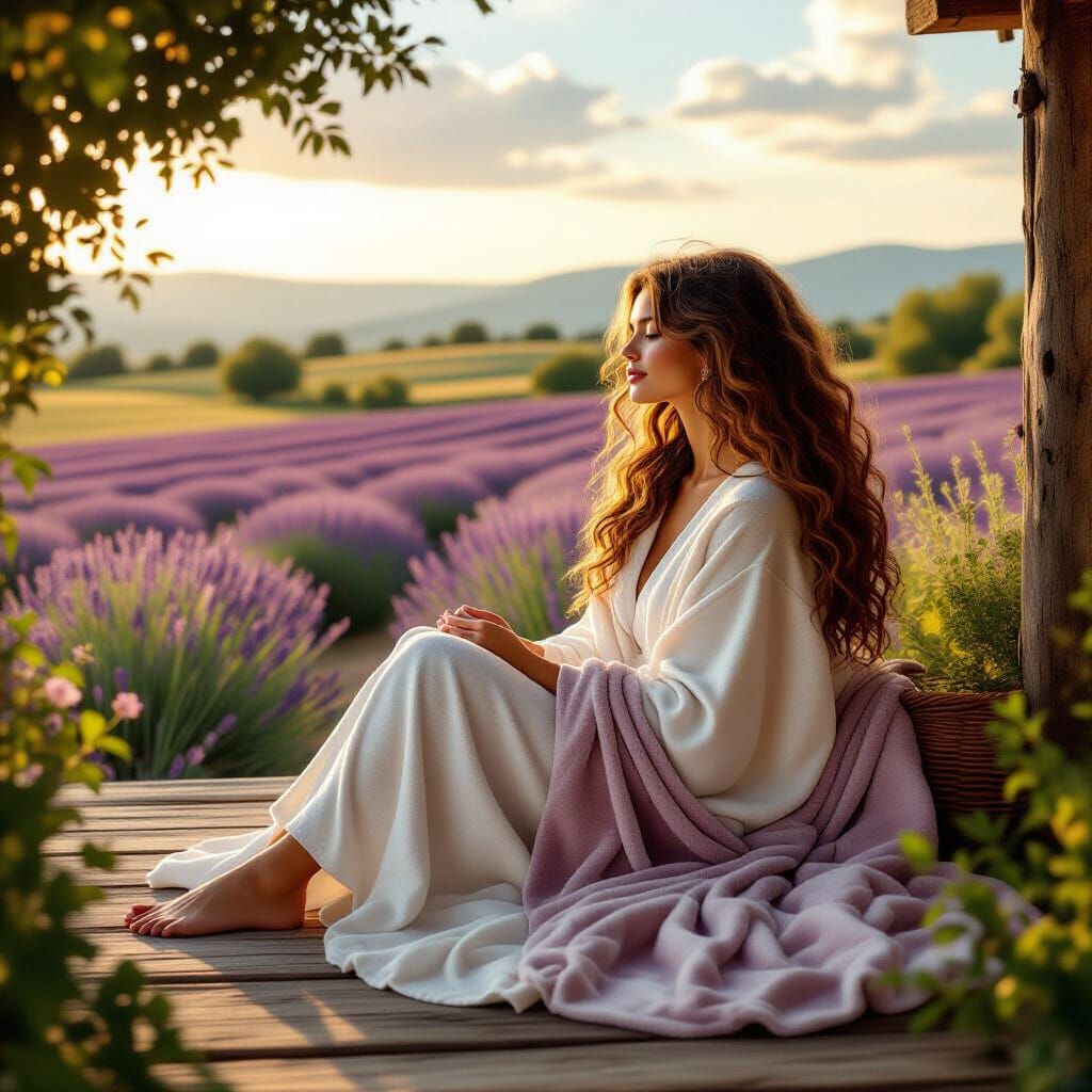 Woman in White Robe Gazing Over Lavender Fields