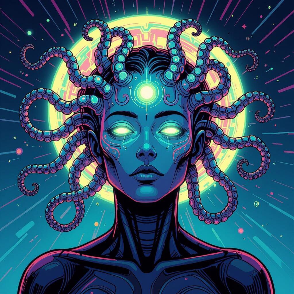 Bioluminescent Medusa Figure in Retro Comic Style