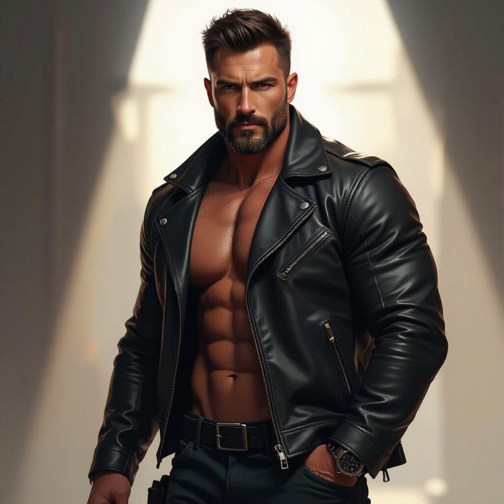 Cinematic Portrait of Bearded Man in Leather Jacket