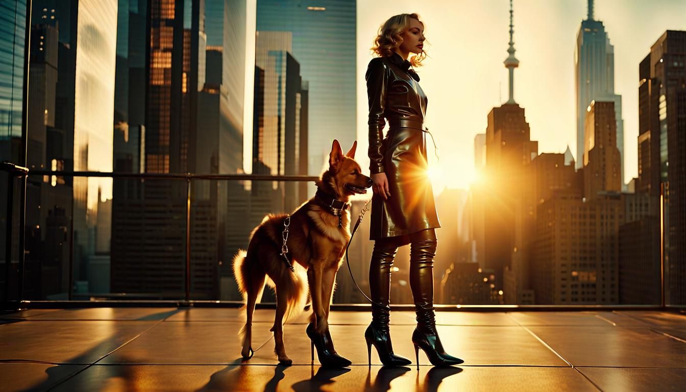 Dominant Woman in Latex with Human Dog, Cinematic Still
