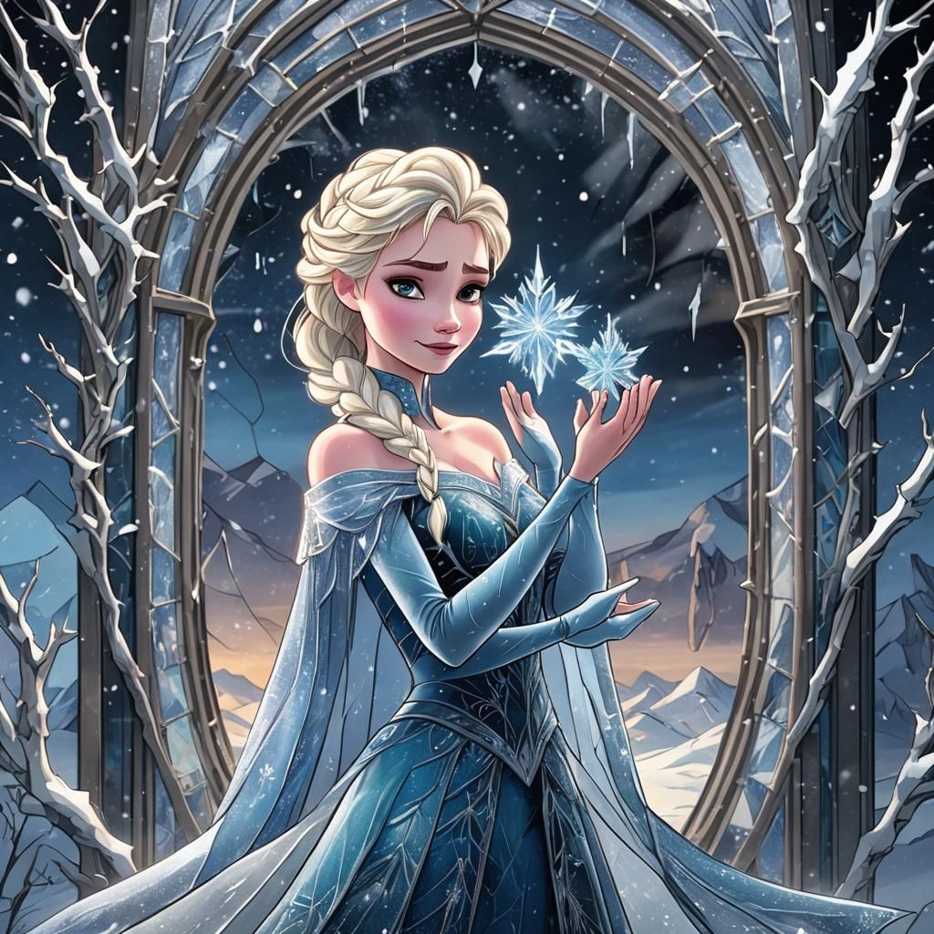 Stained Glass Elsa and Jack Frost in Snow