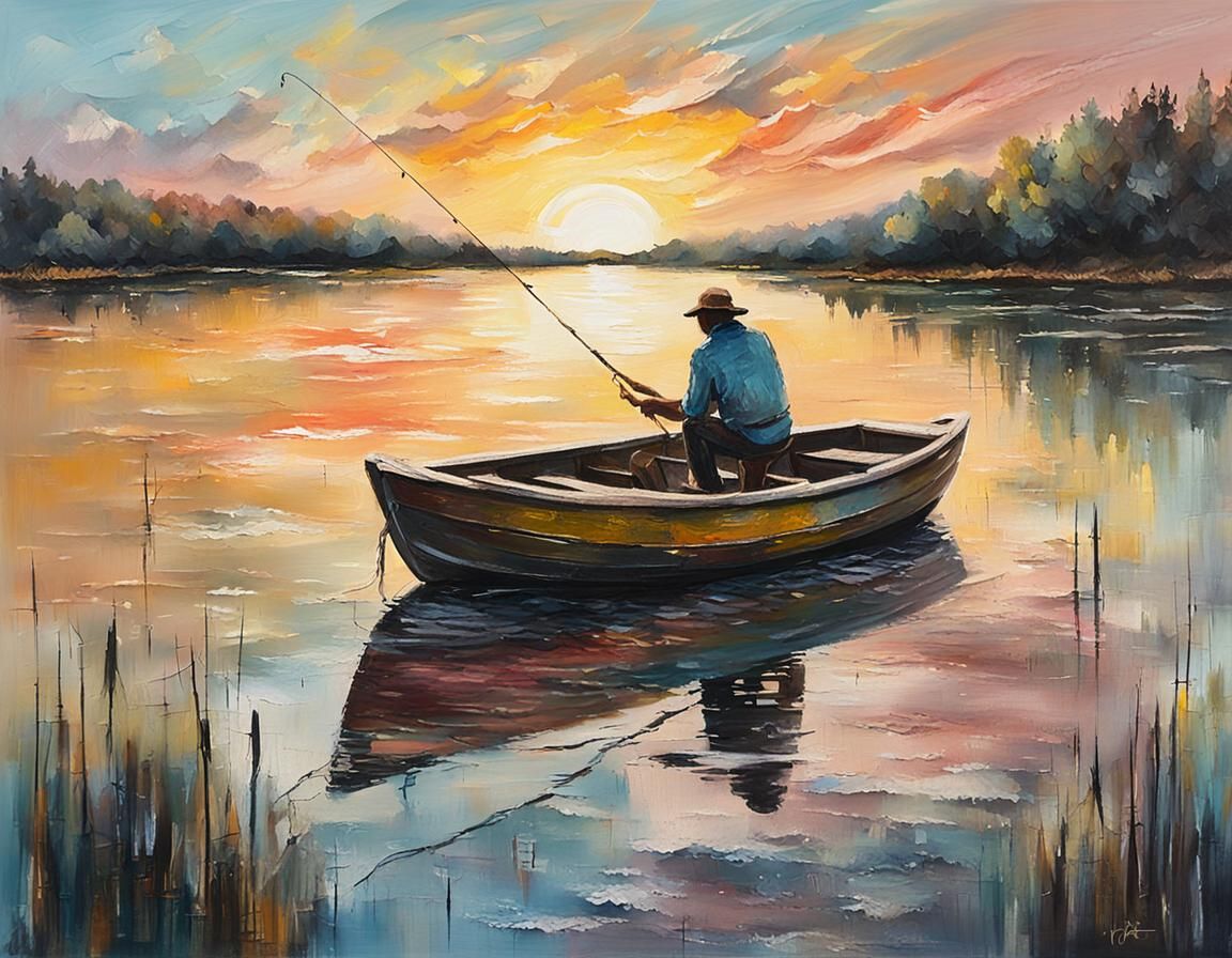 Fisherman at Sunset: Abstract Expressionist Mixed Media
