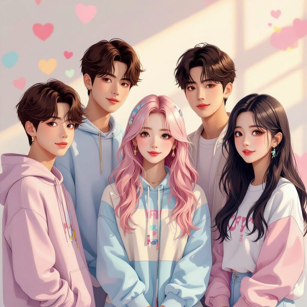 Co-ed K-Pop Group in Dreamy Pastel Style