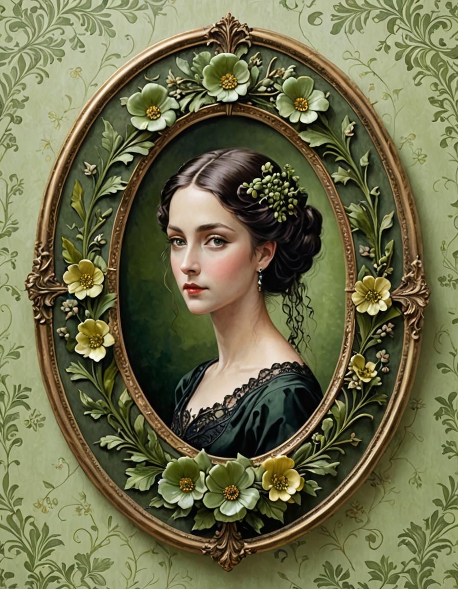 Victorian Gothic Woman's Watercolor Portrait with Floral Fra...